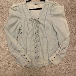 Free People Size Large Light Wash Lace Up Denim Blouse Boho Top